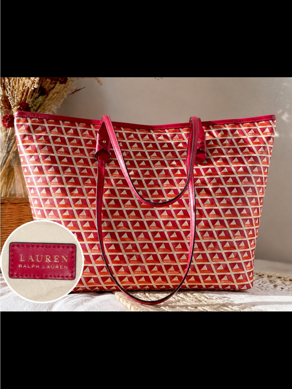 Lauren Ralph Lauren Large Tote Bag Geometric Print Red Orange Pink Shoulder Purs